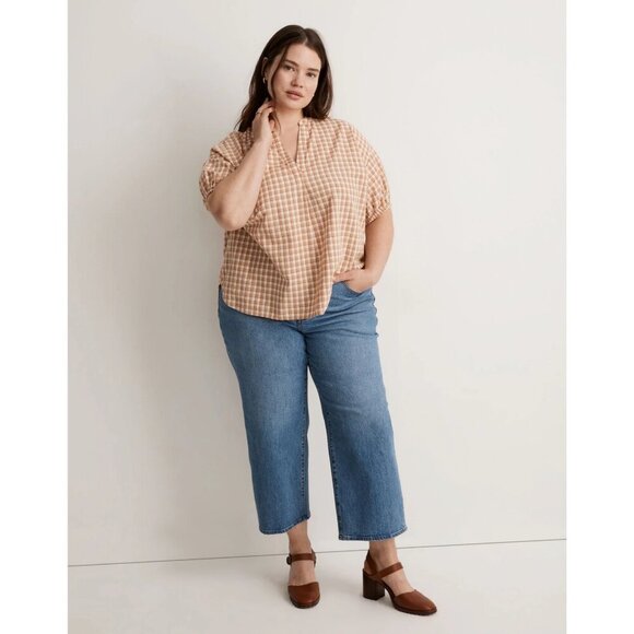 Madewell Crinkle Cotton Bubble-Sleeve Popover Check Fauna‎ Flowy Shirt Women XL - Picture 2 of 15